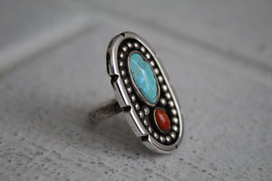 Turquoise and Coral Ring sz 6
