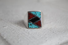 Load image into Gallery viewer, Turquoise, Coral and Onyx inlay ring Sz 10