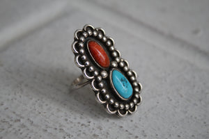 Turquoise and Coral Ring sz 5.5
