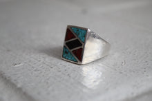 Load image into Gallery viewer, Turquoise, Coral and Onyx inlay ring Sz 10