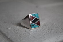 Load image into Gallery viewer, Turquoise, Coral and Onyx inlay ring Sz 10