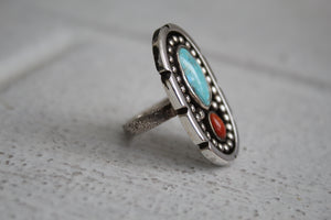 Turquoise and Coral Ring sz 6