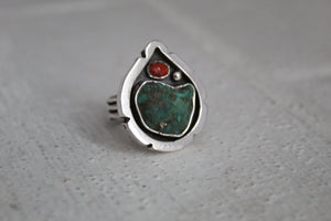 Raw Turquoise Nugget and Coral Ring