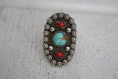 Turquoise and Coral Ring sz 7
