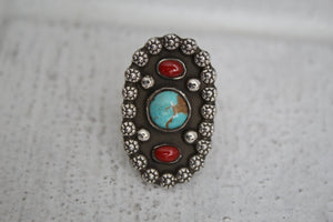 Turquoise and Coral Ring sz 7