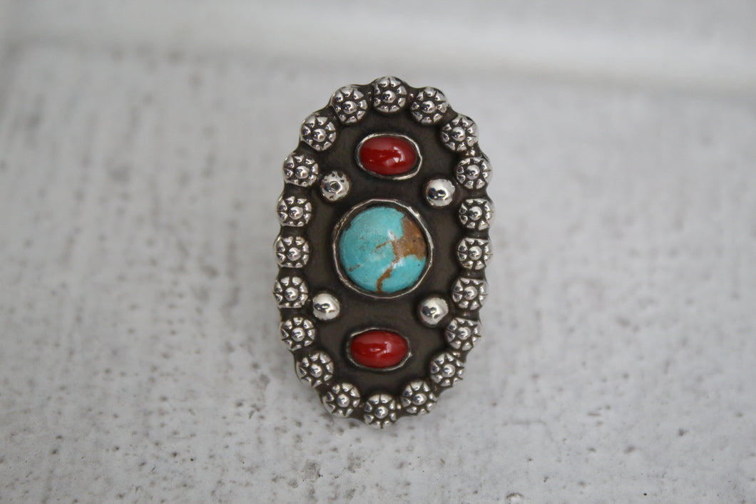 Turquoise and Coral Ring sz 7