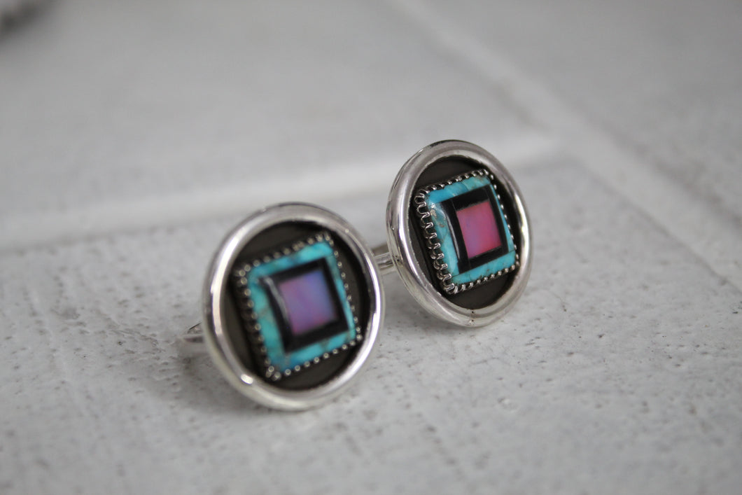 Turquoise, Onyx and Aurora Opal Mosaic Rings