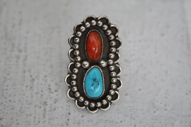 Turquoise and Coral Ring sz 5.5