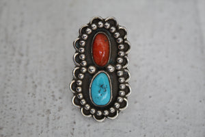 Turquoise and Coral Ring sz 5.5