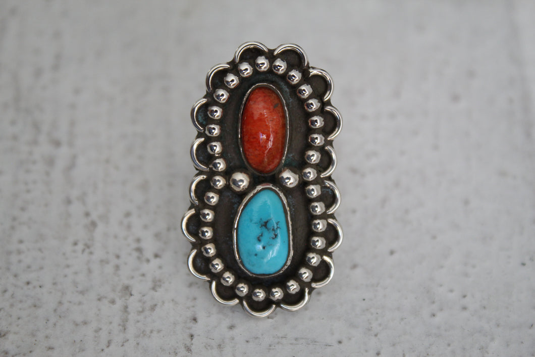 Turquoise and Coral Ring sz 5.5