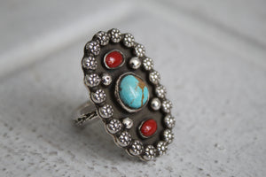 Turquoise and Coral Ring sz 7