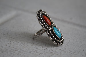 Turquoise and Coral Ring sz 5.5