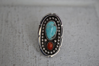 Turquoise and Coral Ring sz 6
