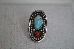 Turquoise and Coral Ring sz 6