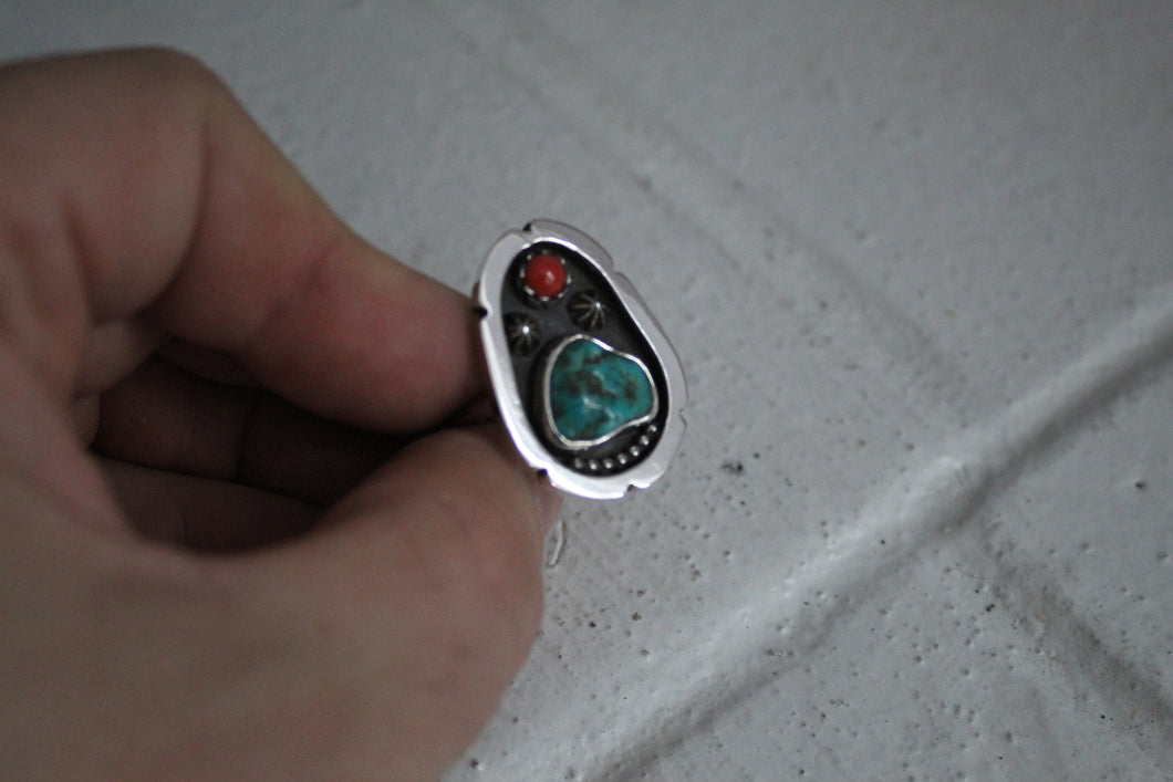 Raw Turquoise Nugget and Coral Ring