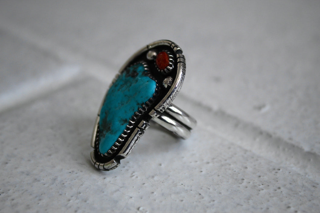 Large Turquoise and Coral Ring